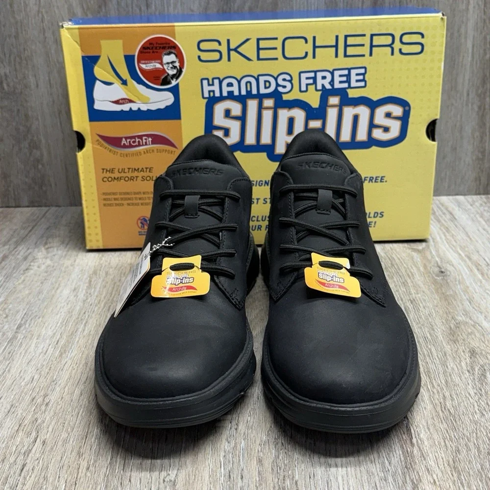 SKECHERS Slip-ins Ankle Boots Mens 12 Black Leather Arch Relaxed Fit w/Box